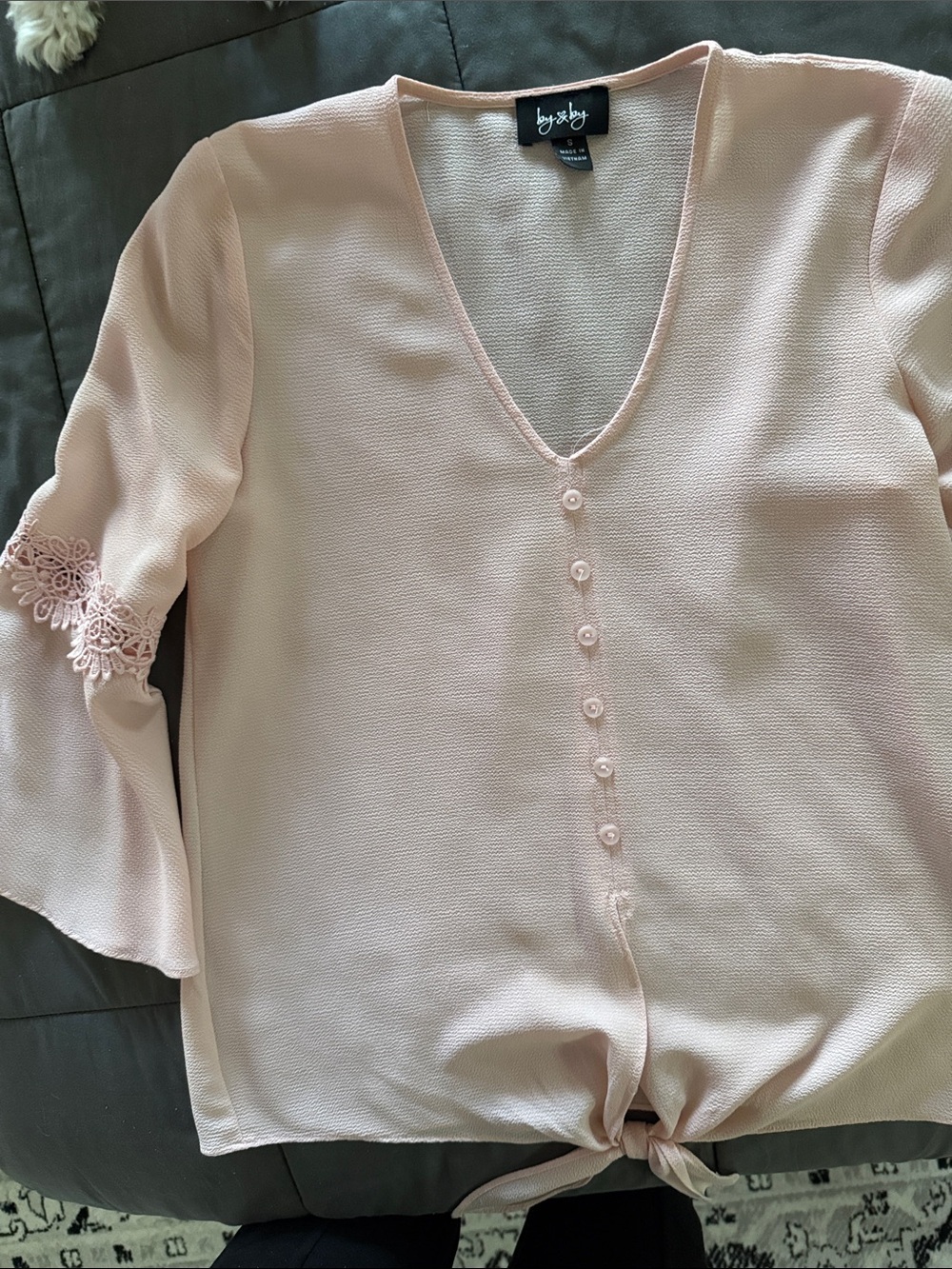 by & by Soft Blush Lace-Trim Tie Front V-Neck Blouse